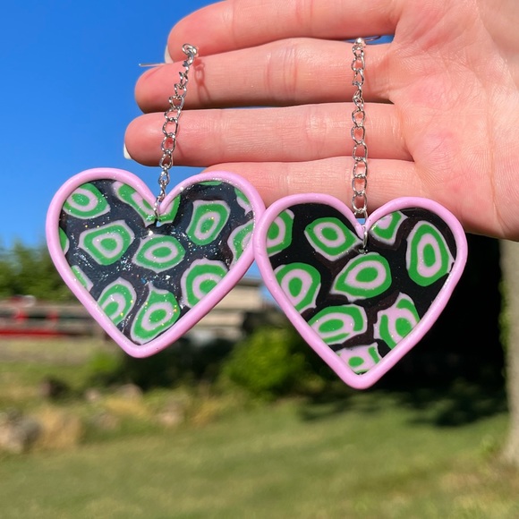 Handmade Psychedelic Polymer Clay Heart Statement Earrings - Picture 10 of 17